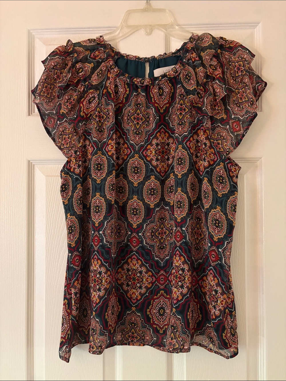 LOFT Teal and Red Paisley Flutter Sleeve Blouse